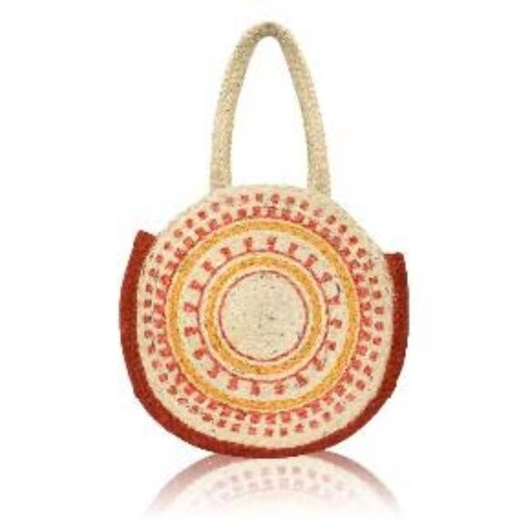 Orange Red Yellow Patterned Round Pure Jute Tote For Women - Picture 1 of 1